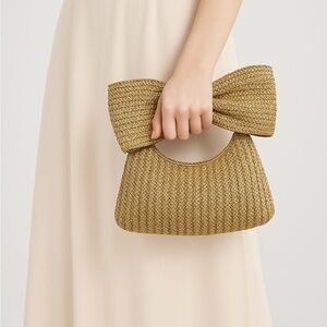 Women Tan Straw Big Bow Clutch Beach Tote Woven Handbag